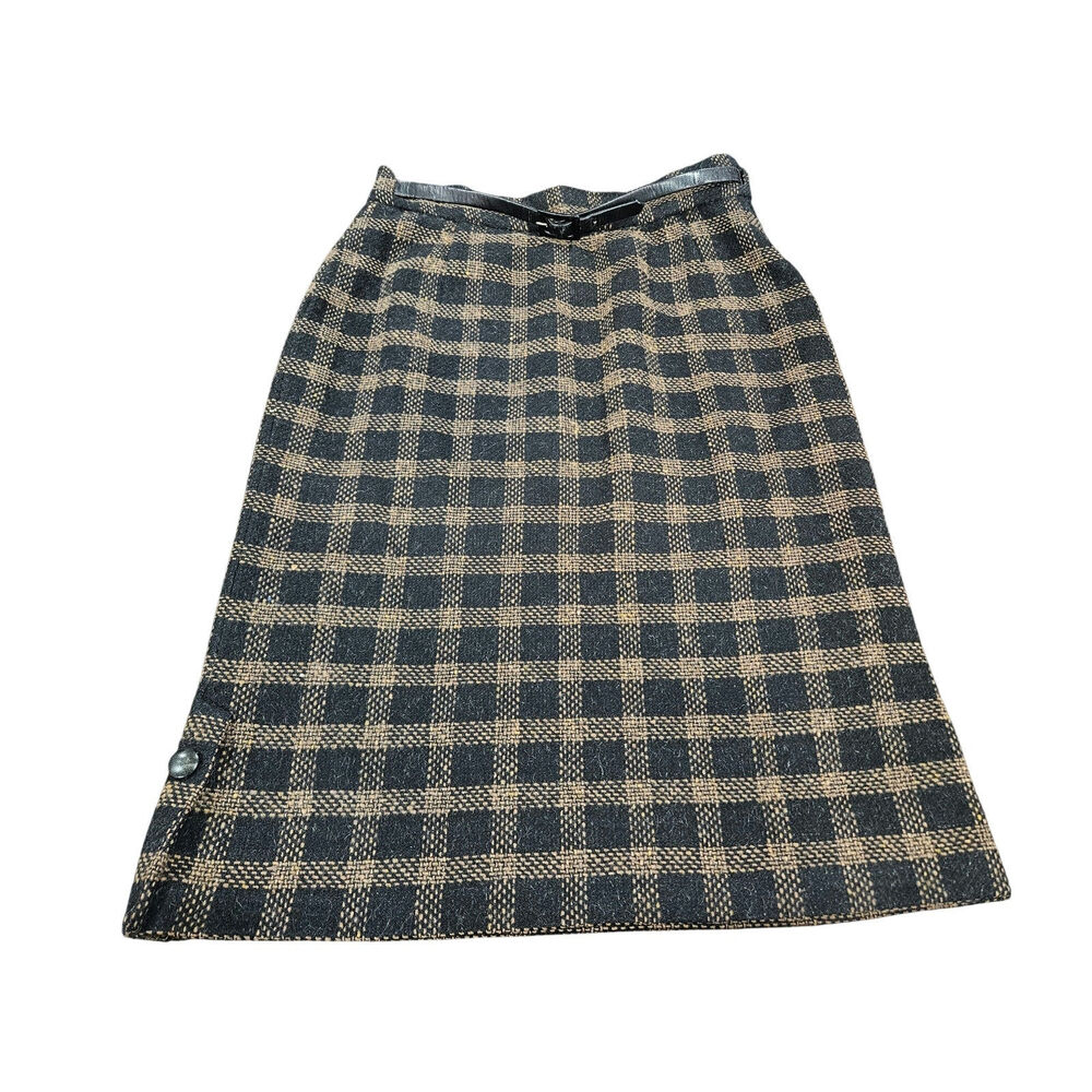 Gorgeous 60’s Vintage Plaid midi wool Skirt in Black and Tan with belt